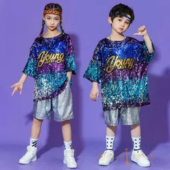 送料無料 ダンス衣装 キッズ ヒップホップ キラキラ スパンコール 男の子 女の子 セットアップ ダンスウェア トップス パンツ 子供服 チアガール hiphop 子供