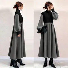 送料無料 ニットワンピース 未使用 オシャレ ニットワンピース ロング 秋冬 ニットワンピース パフスリーブセーター Aラインスカート ゆったり 韓国風 大人 上品