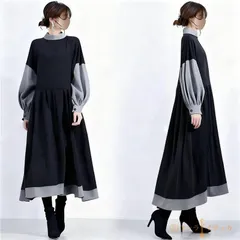 送料無料 ワンピース長袖 未使用 バイカラー ロングワンピース レディース秋服50代 40代50代60代 大人きれいめ フレアワンピース Aラインワンピース ギャザー おしゃれ 春秋冬