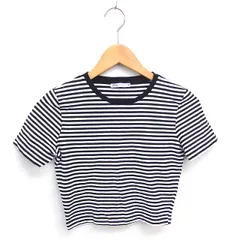 ザラ ZARA Tシャツ カットソー クロップド ミニT ボーダー 丸首 半袖 S ホワイト ブラック 白 黒 /TT