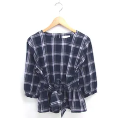 エニィスィス エニシス anySiS ブラウス カットソー プルオーバー チェック ウエストリボン 七分袖 2 ネイビー 紺 /TT