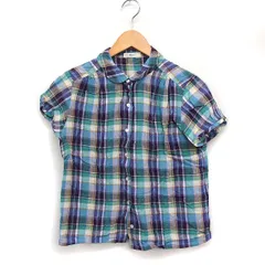 ニーム NIMES リネン チェック シャツ ブラウス パフスリーブ 丸衿 パープル 紫 /FT41