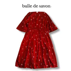 ビュルデサボン　水玉　コットン　ギャザー　ロングワンピース　日本製　五分袖　bull de savon　ナチュラル　ガーリー　森ガール　春
