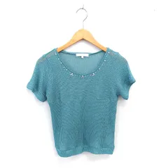 グローブ grove サマーニット セーター 丸首 ビジュー 透け編み 半袖 L グリーン 緑 /TT