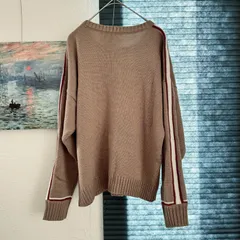 F【超美品 | SENSE OF PLACE by URBAN RESEARCH / センスオブプレイスアーバンリサーチ】ラウンドネックラインアクセントニットセーター カフェブラウンxホワイトxレッド ウール混 長袖 秋冬 T450