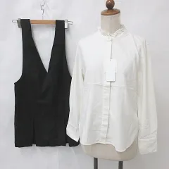 ユニクロ UNIQLO ✕ COMPTOIR DES COTONNIERS グレイル GRL シャツ ジャンパースカート 2枚セット 長袖 比翼仕立て スタンドカラー ミニ丈 タック 白 黒 ホワイト ブラック S F