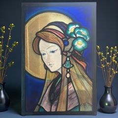 アンティーク 女性像 女神像 ランプ くもりガラス 薔薇彫りインテリア