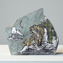 石彫刻 山月竹虎図 石板 レリーフ 石彫り 置物 石 縁起物 インテリア