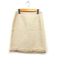 エムプルミエ ブラック M-Premier BLACK ツイード フレア スカート ひざ丈 ウール混 フリンジ サイドジップ 36 ベージュ /NT18