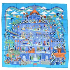 エルメス HERMES スカーフ カレ 90 シルク 100% La Maison des Carres / メゾン デ カレ 大判 ショール バンダナ レディース メンズ ライトブルー / グリーン / マルチカラー 正規品 極美品 中古 mbv12001