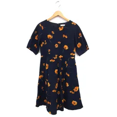 インデックス INDEX フレア ワンピース ひざ丈 花柄 タック ボートネック 五分袖 M 紺 ネイビー /NT10