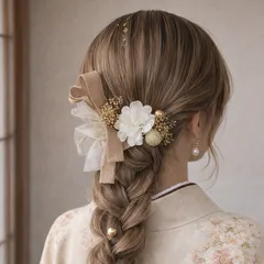 卒業式　成人式　髪飾り　編みおろし　ベロアリボン　ヘアアクセサリー　袴