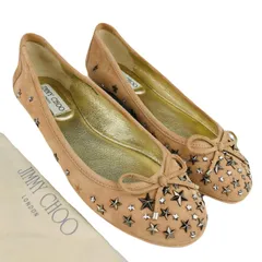 美品★JIMMY CHOO・ジミーチュウ・レディース スエードレザー スタースタッズ:クリスタル ブランドロゴ刻印メタルプレート付き リボン フラットシューズ (36.5/約23.5㎝相当) イタリア製 ブランド レディースシューズ バレエシューズ
