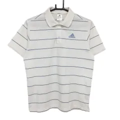 アディダス 半袖ポロシャツ 白×ブルー ボーダー柄 ロゴ刺しゅう メンズ M ゴルフウェア adidas