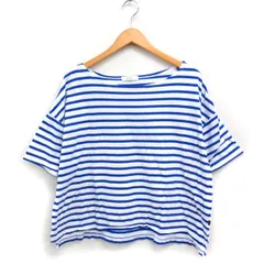 ニコアンド Niko and.. ボーダー Tシャツ カットソー ボートネック 5分袖 コットン 綿 ゆったり L ホワイト 白 ブルー 青 /FT46