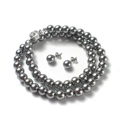[CRANES COLLECTION] パール ネックレス ピアスイヤリング 2点 セット 日本製 グレー 国産真珠 自社生産 8mm珠 冠婚葬祭 巾着袋付 選べる6サイズ (シルバーブラックカラー)