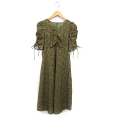 インデックス INDEX 花柄 Vネック フレア ワンピース ロング リボン ギャザー 五分袖 S イエローグリーン /NT4