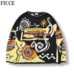 【入手困難】 80s90sヴィンテージ フィッチェ FICCE ドン小西 コットン リネン シルク混紡 アート柄 デザイン 長袖 サマーニット セーター 総柄 3D 立体 マルチカラー メンズ