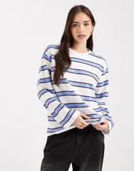 ピーシーズ レディース トップス Tシャツ Pieces oversized rugby stripe long sleeve Tshirt multi stripe Hydrangea Wine ワイン