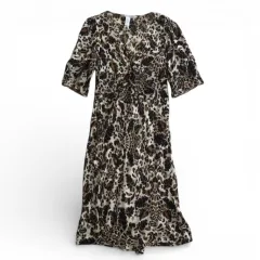 美品　DIANE VON FURSTENBERG　ダイアンフォンファステンバーグ　Vネック　ドレス　5分袖　ワンピース　膝丈　総柄　フレアスリーブ　シルク100％　ベージュ　ブラウン系