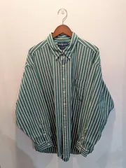 美品　Ralph Lauren　ラルフローレン　シャツ　BIG SHIRT　裾ポニー　グリーン×ホワイト　ストライプ　ブロード生地　ボタンダウン