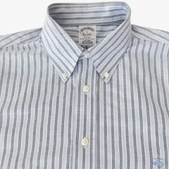 【L】Brooks Brothers(ブルックスブラザーズ) ポロカラーBD(ボタンダウン)シャツ ストライプ  Regent Fit ノンアイロン スーピマ綿100% GF刺繍 胸 破れあり