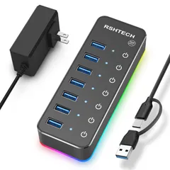 RSHTECH USBハブ 3.0 電源付き RGB 7ポート 2 in 1 ケーブル 付き USB Hub アルミ製 5Gbps高速転送 セルフパワーとバスパワー両用 5V 4A 電源 独立スイッチ付き(RSH-518R)