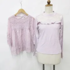 アースミュージック&エコロジー EARTH MUSIC & ECOLOGY カットソー ブラウス 2枚セット 長袖 七分袖 丸首 レース 花柄 紫 パープル M F