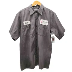 ユーズドフルギ USED古着 Softuf 65/35 ポリ コットン Linda ST MobileAerospace Enginnering 企業ロゴ ワッペン ストライプ S/S 襟芯 ワーク シャツ メンズ import：L 
