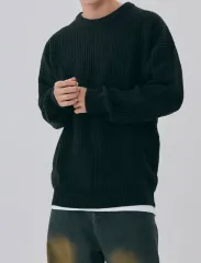 (新品) エジオディ クルーネック オーバーサイズ ハチリブ編み ネック ニット (ブラック/L)