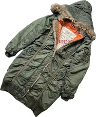 【美品】AVIREX N-3B アヴィレックス フライトジャケット ミリタリーコート レディース M ファー付 カーキ ロング丈 ダブルジップ ベルト