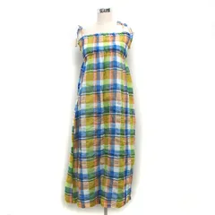 ベルメゾン BELLE MAISON タグ付き チェック キャミワンピース フレア ロング コットン 綿 シャーリング L 青 ブルー ベージュ /NT1