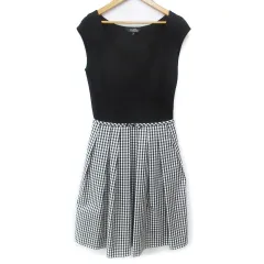 ナラカミーチェ NARA CAMICIE Rosa フレアワンピース ひざ丈 ノースリーブ Uネック 切替 リボン ギンガムチェック柄 1 S 黒 白 ブラック ホワイト /FF17