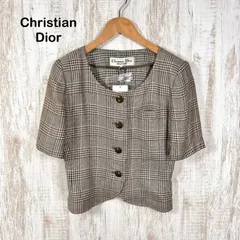 新品未使用 美品 Christian Dior クリスチャンディオール チェック 総柄 リネン100% 半袖 ノーカラージャケット ブラウンのサムネイル
