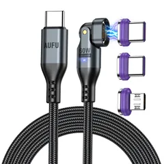 AUFU USB-B/USB-C マグネットケーブル 2M 60W 3A 急速充電 Ｌ字型 180°回転可 16pin PD対応 Type C 充電ケーブル 1本2役 480Mpbs高速データ転送 片手操作 タイプc マイクロb Type-C/Mic ...