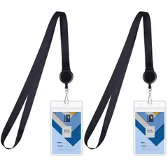 縦型 クリア ソフト 首掛け リールストラップ付き パスケース 定期入れ IDカードホルダー ネームホルダー ビニール 社員証/名札ケース Wisdompro 両面 2個入り ブラック