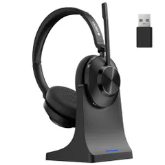 Voistek 業務用 ワイヤレスヘッドセット Bluetooth5.3 ヘッドセット 充電スタンド付き USBドングル 両耳: 新型ノイズキャンセリングマイク付き 単一指向性 ボタン操作 ミュートボタン付き 2台同時接続 50時間の通話時間 急速充 ...