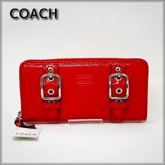 【タグ付き】コーチ（COACH）バックル付き ベルトモチーフ パテントレザー ラウンドファスナー アコーディオン 長財布 赤