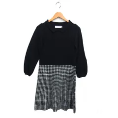 クチュールブローチ COUTURE BROOCH タグ付き ニット ステンカラー 千鳥柄 ワンピース フレア ひざ丈 ウール混 長袖 M 黒 ブラック /NT4