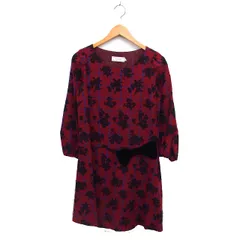 クチュールブローチ COUTURE BROOCH チェック ジャガード フレア ワンピース ひざ丈 リボン ボートネック 長袖 38 赤 レッド /NT10