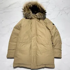 美品　ピレネックス　PYRENEX ユナイテッドアローズ別注　ANNECY MOLESKINE FUR UA  ワッペンロゴ　ナイロン　ダウン　フェザー　タヌキ　フィンラクーン　ファー取り外し可能　ベージュ　ダウンジャケット　メンズ　Lサイズ