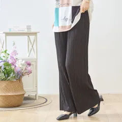 プリーツパンツ レディース ワイドパンツ イージーパンツ ウエストゴム ロング丈 きれいめ 脚長効果 無地 TRUBE ブラック F