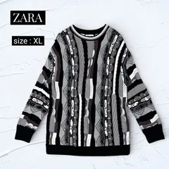 ZARA 立体ジャガードニット セーター 総柄 ブラック系 XL コットン100%