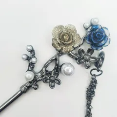 かんざし ブラック フラワー 薔薇 花 和装 髪飾り パール 浴衣 シック