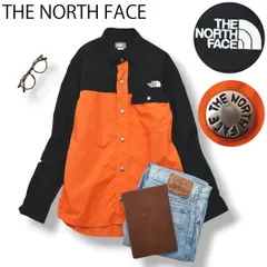 【刺繍ロゴ】 ノースフェイス THE NORTH FACE 長袖 ロングスリーブ ヌプシ シャツ L／S Nuptse Shirt スナップボタン ワーク シャツ XS ブラック x オレンジ 