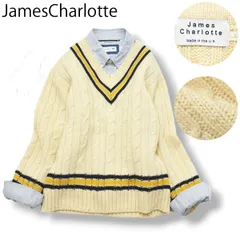 英国製 ジェームスシャルロット James Charlotte Vネック セーター チルデンニット 34 クリーム x イエロー x ネイビー トラッド メンズ レディース ユニセックス 男女兼用