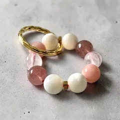 恋愛成就をサポート天然石キーリングミニブレス【ストロベリークォーツ＆ローズクォーツ＆ソープストーン＆マザーオブパール＆ヘマタイト】