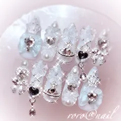 現品 ネイルチップ 量産型 フレンチガーリー ちゅるん ワンホン 水色ラメ チャームネイル