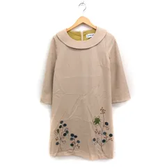 ホコモモラデシビラ Jocomomola de Sybilla 花刺繍 ワンピース ロールカラー ひざ丈 長袖 Aライン ウール 42 ベージュ /FT44