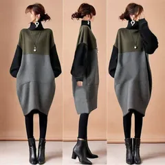 送料無料 ニットワンピ レディース ニット 即購入OK ワンピース ハイネック 長袖 バブル袖 膝丈 ミディアム丈 配色 体型カバー ゆったり シンプル カジュアル おしゃれ かわいい 秋 冬 通勤 通学